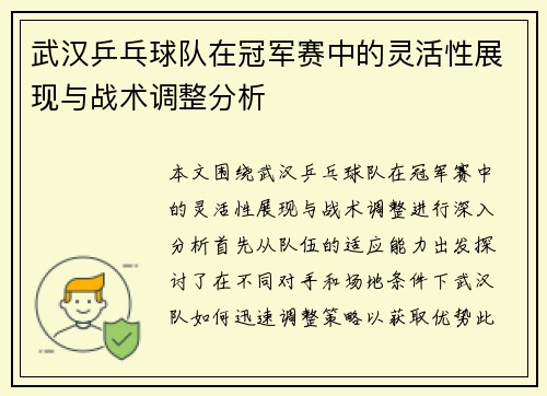 武汉乒乓球队在冠军赛中的灵活性展现与战术调整分析